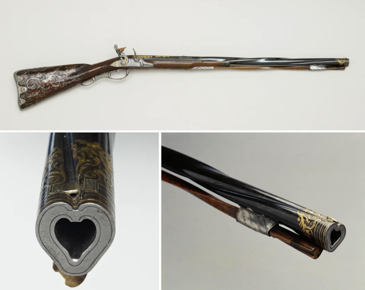 flintlock rifle with twisted barrel and heart shaped bore